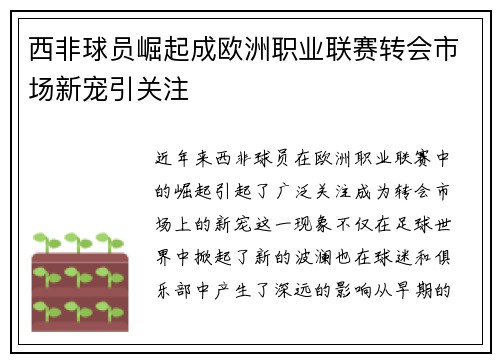 西非球员崛起成欧洲职业联赛转会市场新宠引关注