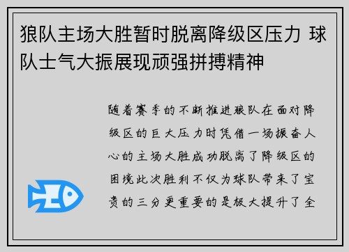 狼队主场大胜暂时脱离降级区压力 球队士气大振展现顽强拼搏精神