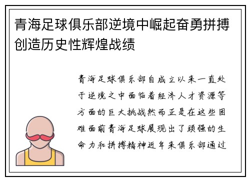 青海足球俱乐部逆境中崛起奋勇拼搏创造历史性辉煌战绩