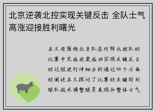 北京逆袭北控实现关键反击 全队士气高涨迎接胜利曙光