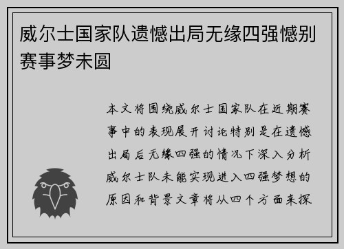 威尔士国家队遗憾出局无缘四强憾别赛事梦未圆