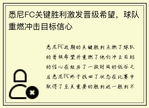 悉尼FC关键胜利激发晋级希望，球队重燃冲击目标信心