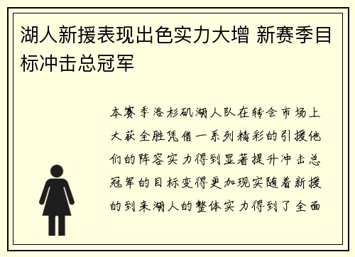 湖人新援表现出色实力大增 新赛季目标冲击总冠军