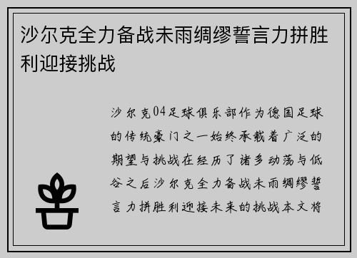 沙尔克全力备战未雨绸缪誓言力拼胜利迎接挑战