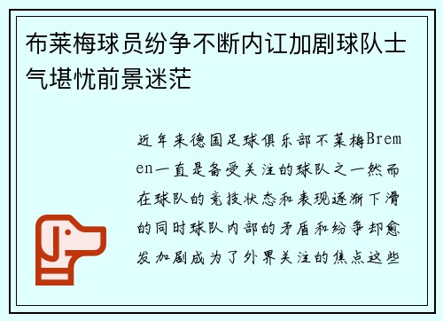 布莱梅球员纷争不断内讧加剧球队士气堪忧前景迷茫
