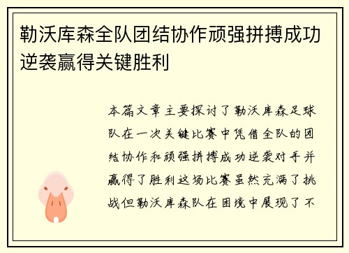勒沃库森全队团结协作顽强拼搏成功逆袭赢得关键胜利