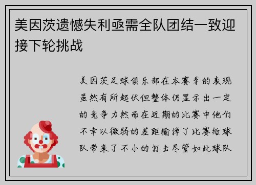 美因茨遗憾失利亟需全队团结一致迎接下轮挑战