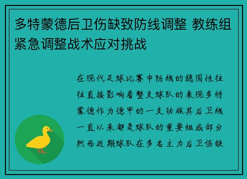 多特蒙德后卫伤缺致防线调整 教练组紧急调整战术应对挑战
