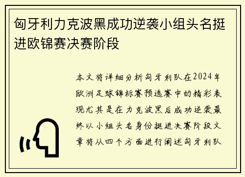 匈牙利力克波黑成功逆袭小组头名挺进欧锦赛决赛阶段